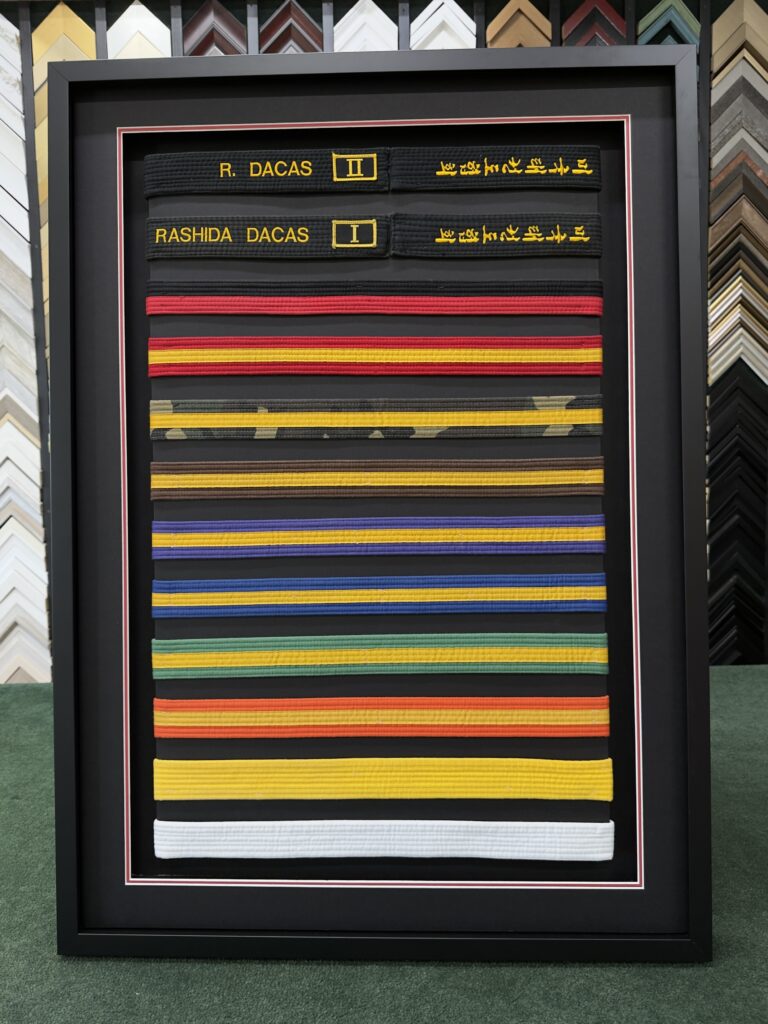 Custom shadow box framing for martial art belts and ranks in Pembroke Pines with museum-quality desigs