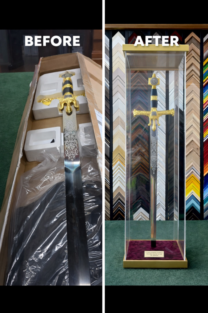 Custom display case framing for ceremonial sword in Pembroke Pines museum-quality display craftmanship