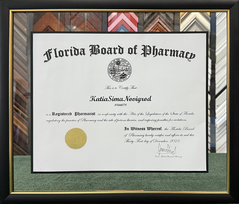 Custom framed Florida Board of Pharmacy license in Pembroke Pines