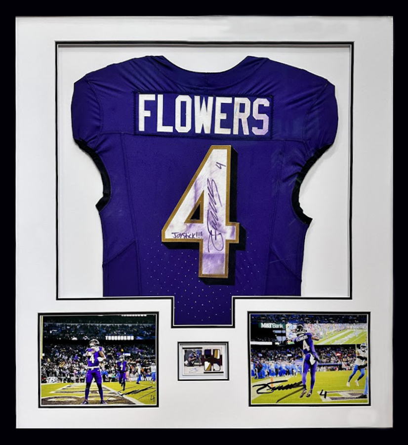 Custom jersey framing for a Zay Flowers Baltimore Ravens No. 4 jersey with photos