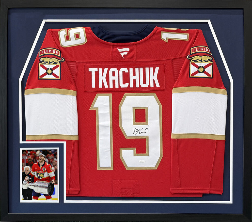 Custom Florida Panthers Tkachuk jersey framing in Pembroke Pines by Art Frame Decor.