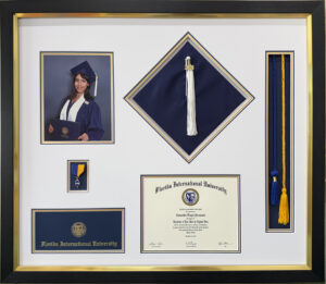 Custom graduation memorabilia framing in Pembroke Pines with diploma, cap, portrait, and honor cord