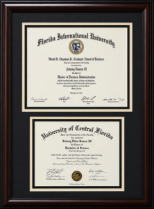 Two diplomas custom framed in Pembroke Pines with double matting